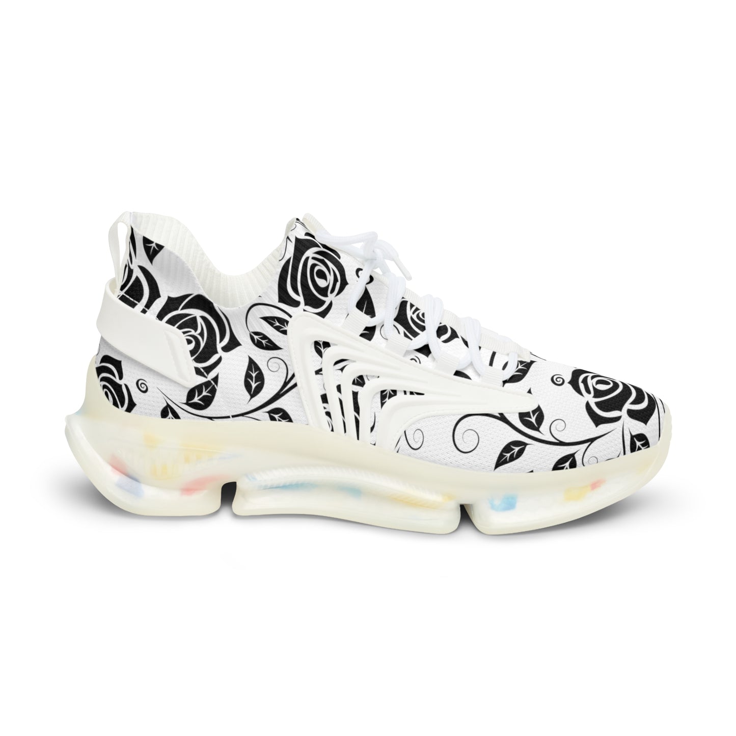
                  
                    Men's Mesh Sneakers | Black and White Floral Print with Colorful Soles
                  
                