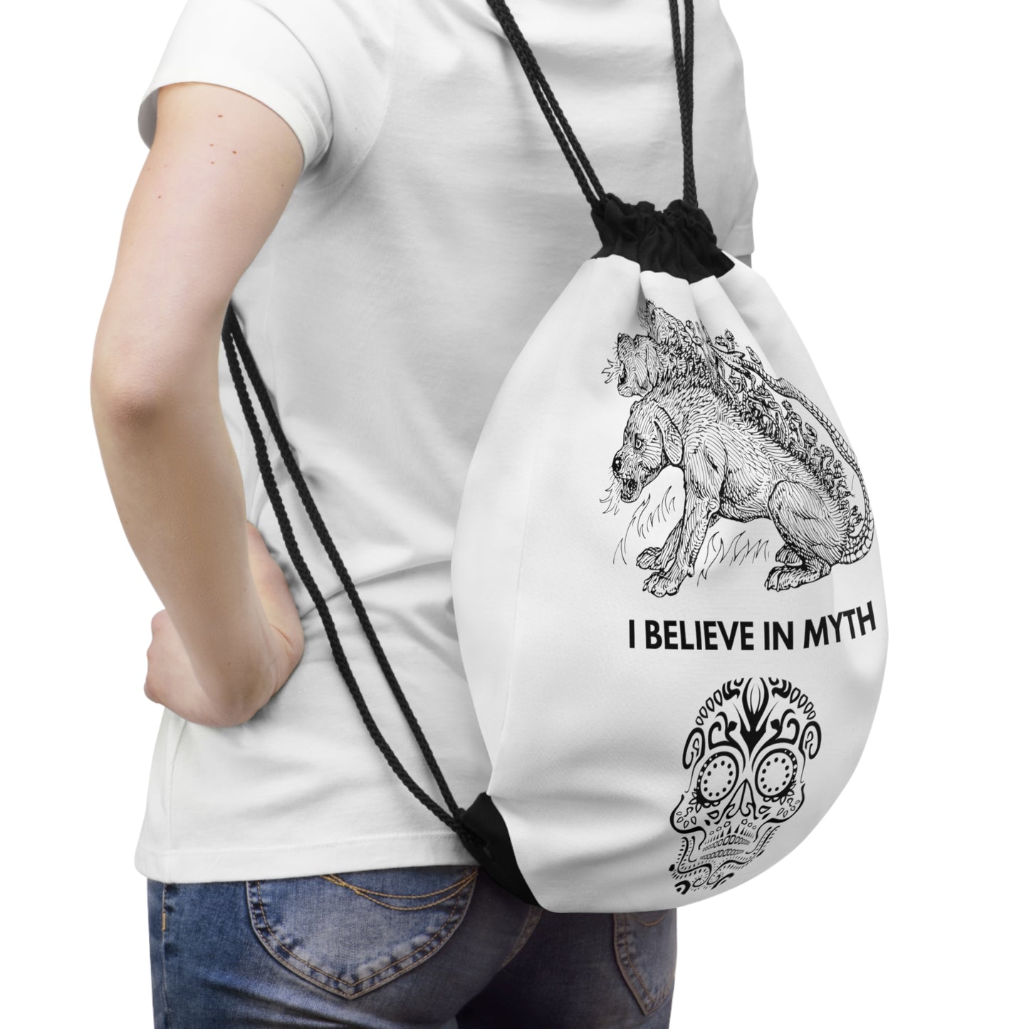 
                  
                    I Believe In Myth | Inspirational White Drawstring Bag
                  
                