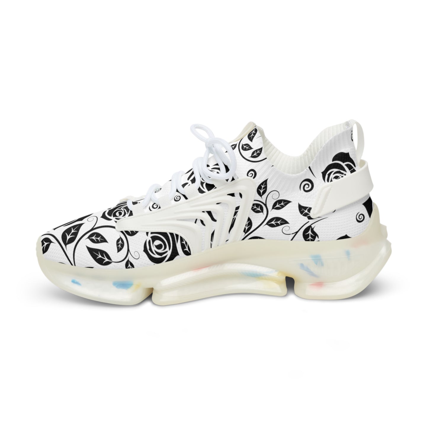 
                  
                    Men's Mesh Sneakers | Black and White Floral Print with Colorful Soles
                  
                