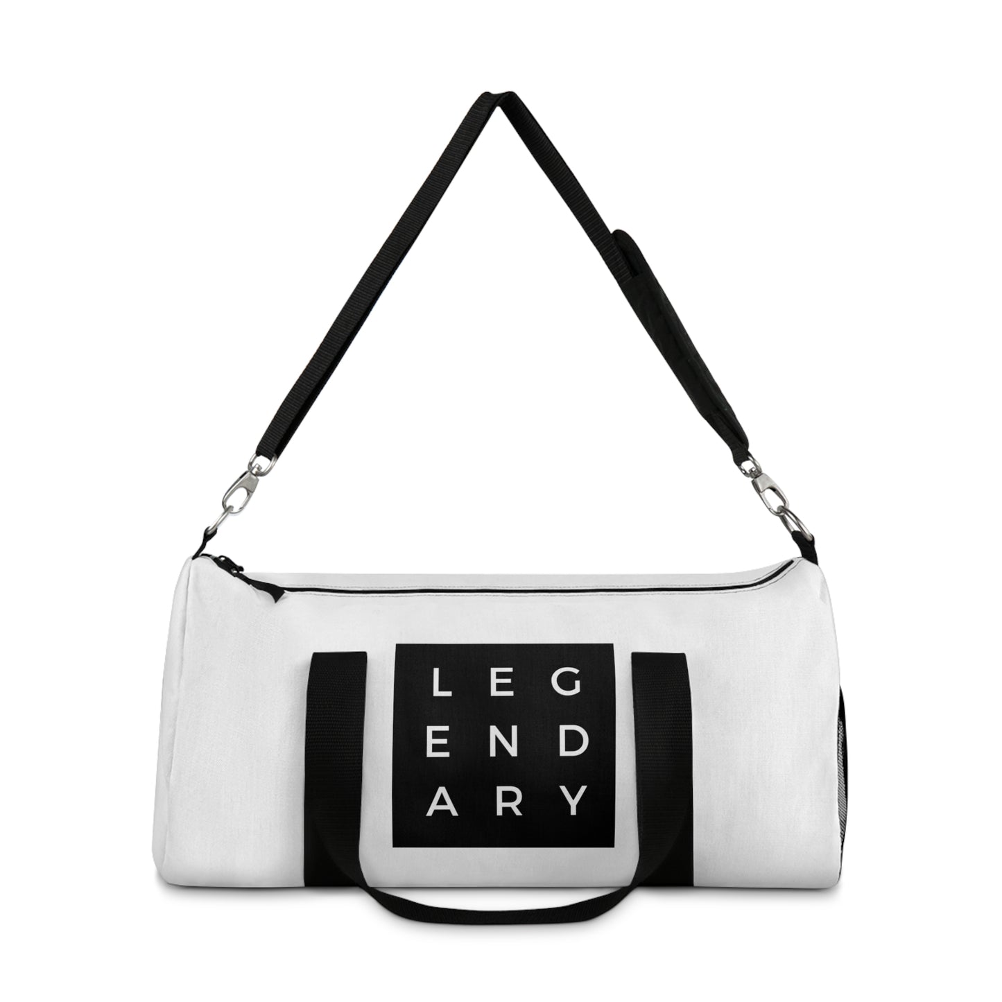 
                  
                    White duffel with black shoulder straps and front 'LEGENDARY' logo patch
                  
                