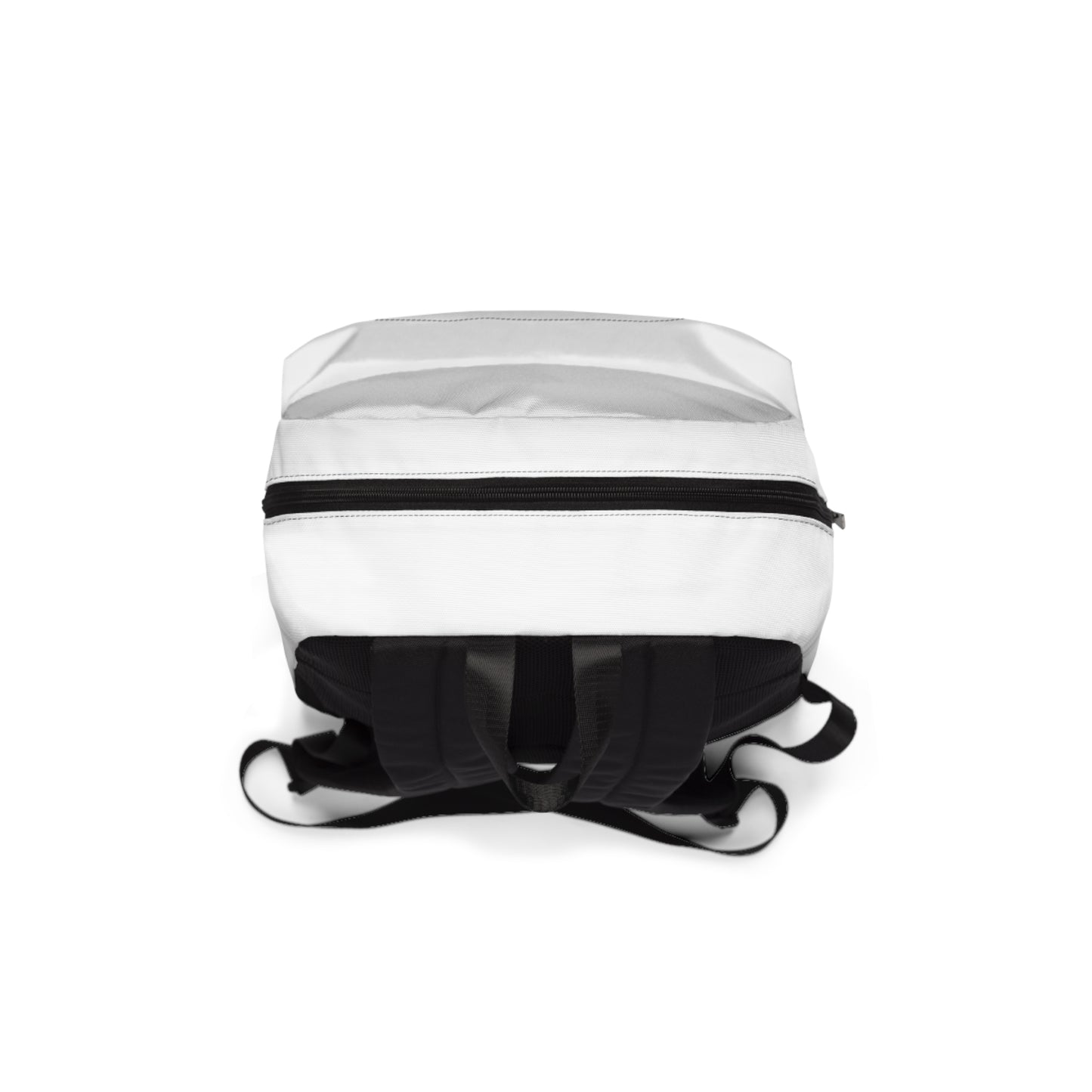 
                  
                    White classic backpack back view with black bottom panel and adjustable padded straps.
                  
                