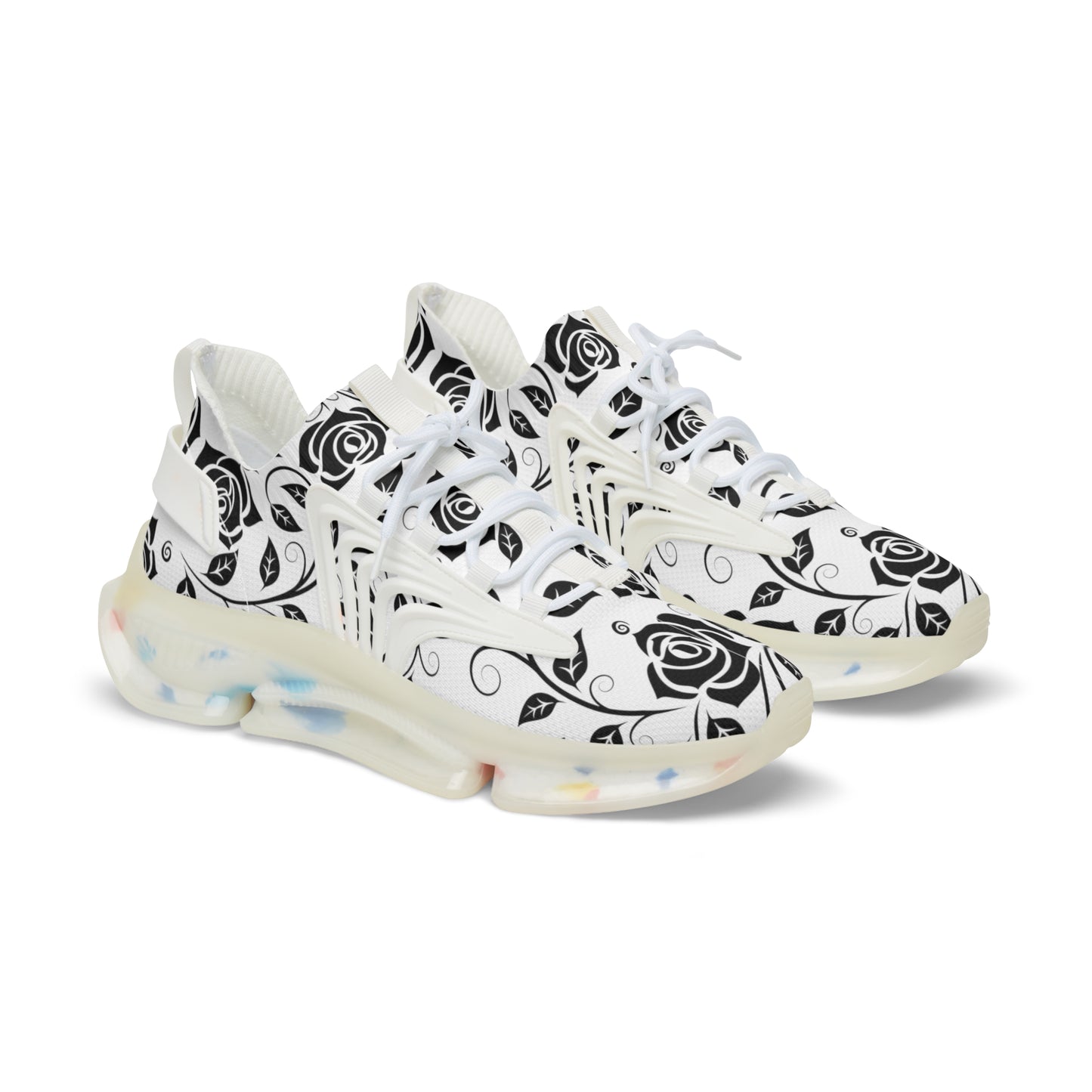 
                  
                    Men's Mesh Sneakers | Black and White Floral Print with Colorful Soles
                  
                