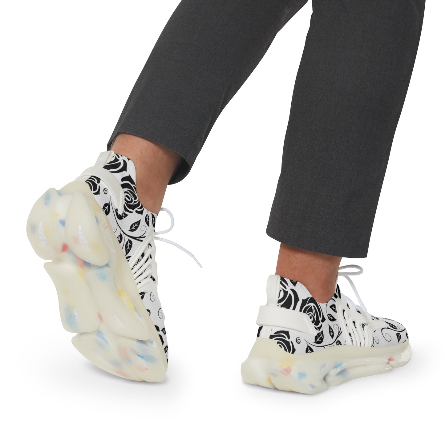 
                  
                    Men's Mesh Sneakers | Black and White Floral Print with Colorful Soles
                  
                
