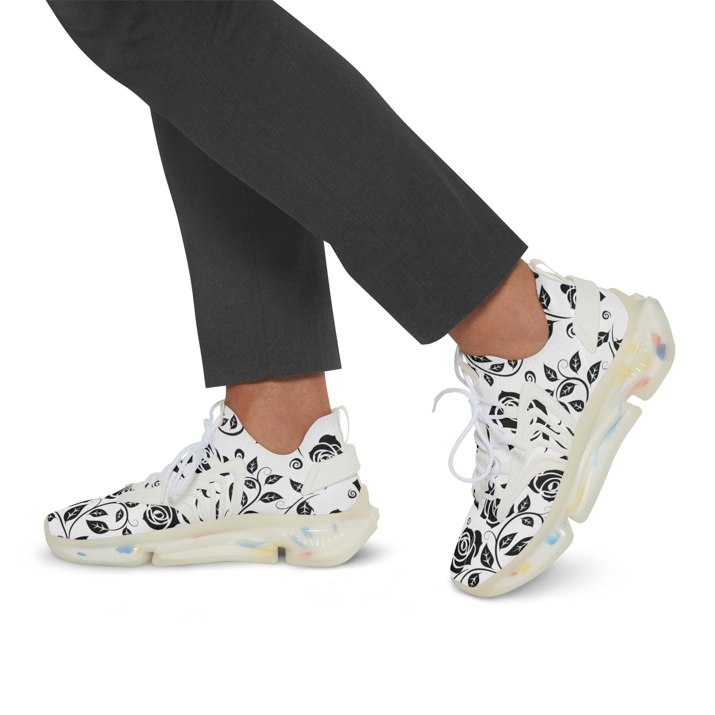 
                  
                    Men's Mesh Sneakers | Black and White Floral Print with Colorful Soles
                  
                