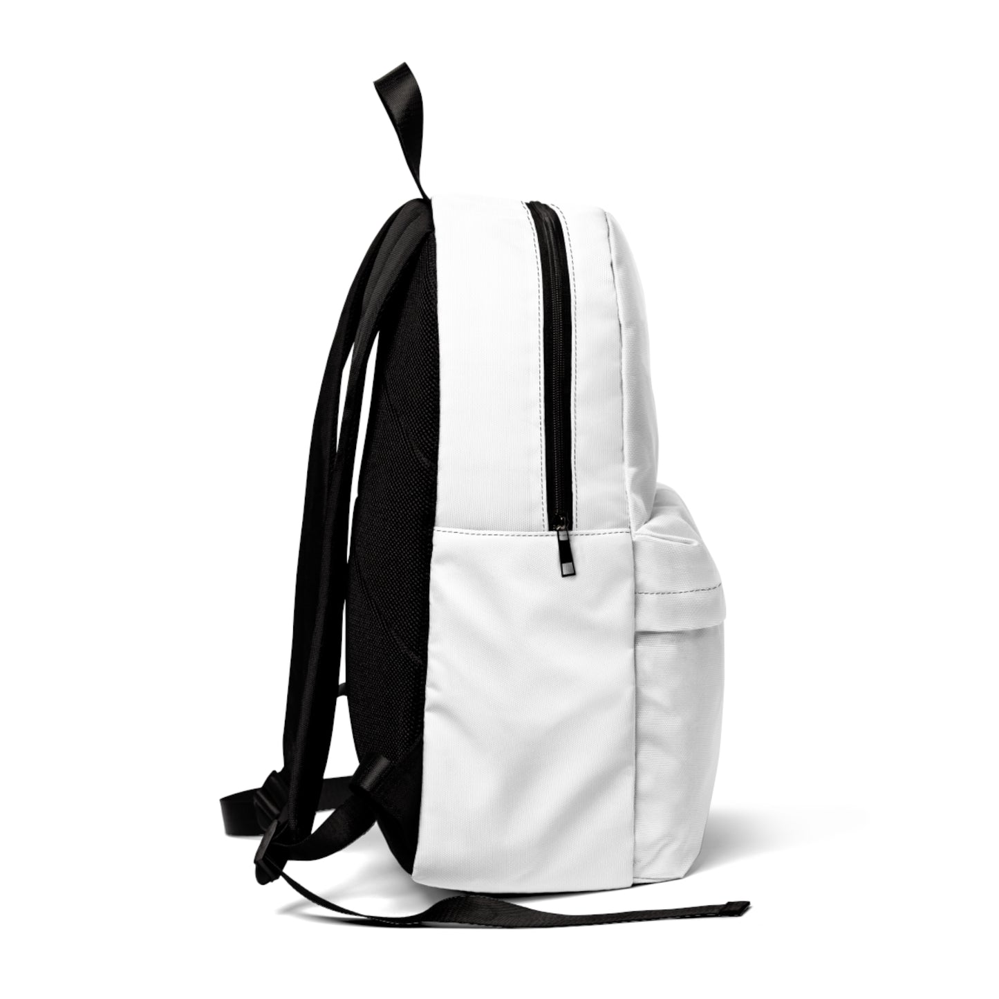 
                  
                    White classic backpack side view with black back panel, vertical zipper pocket, and straps.
                  
                