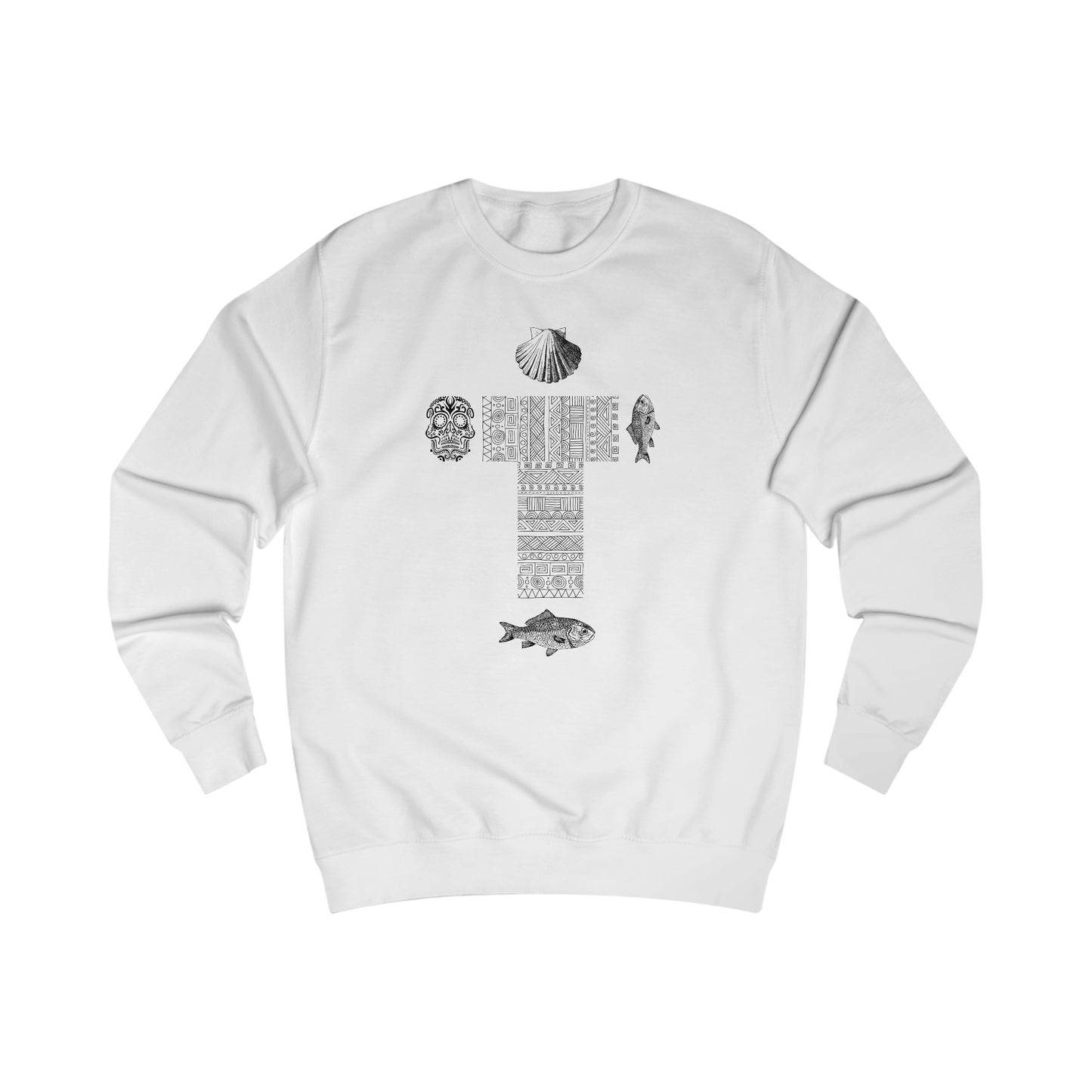 
                  
                    White Unisex Cross Sweatshirt | Skull, Fish, Shell Print
                  
                