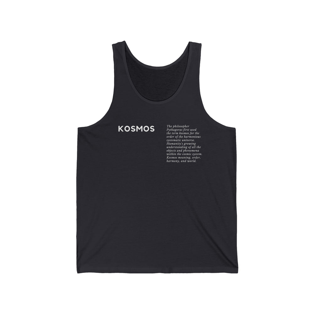 
                  
                    Black Unisex Jersey Tank | Greek Word KOSMOS Print
                  
                