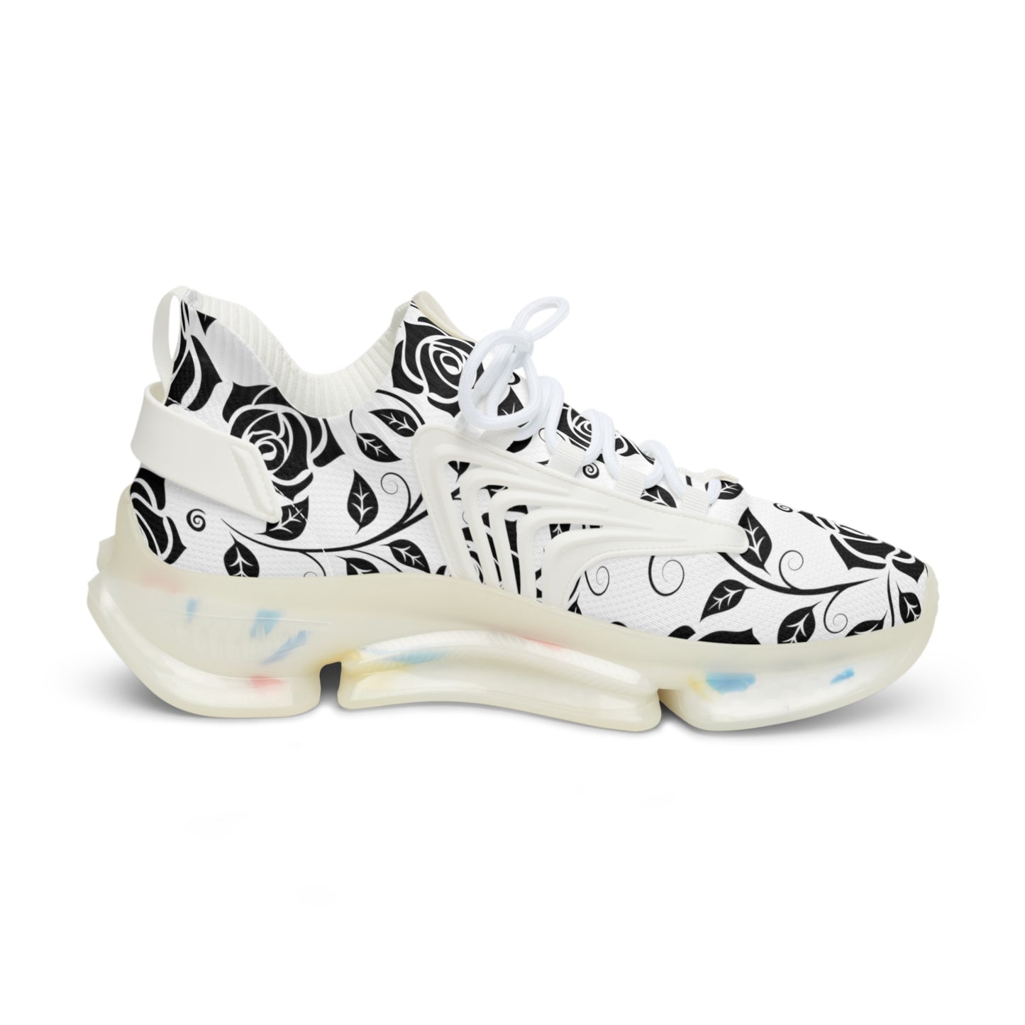 
                  
                    Men's Mesh Sneakers | Black and White Floral Print with Colorful Soles
                  
                