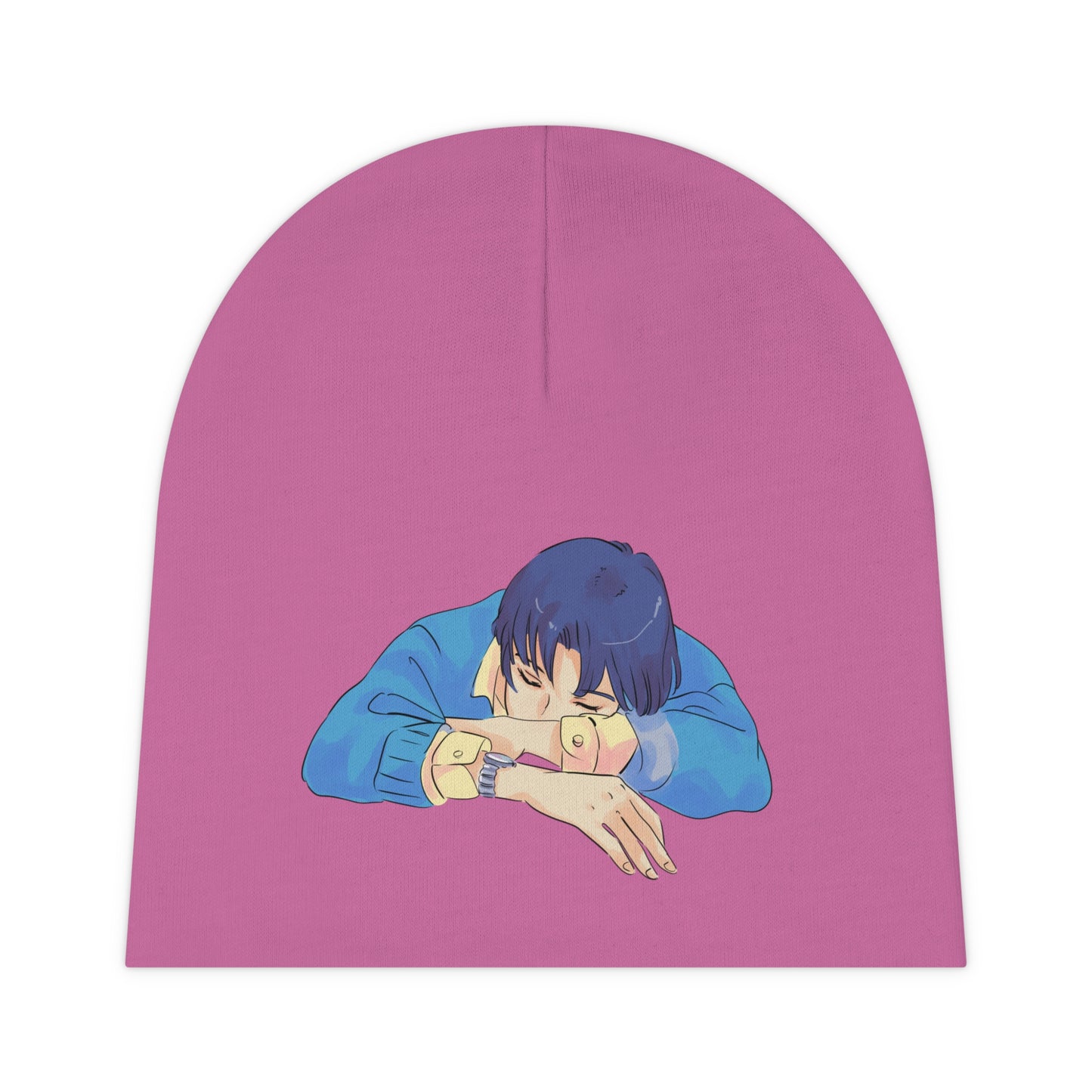 
                  
                    Pink baby beanie with centered anime character print and vertical knit seam
                  
                