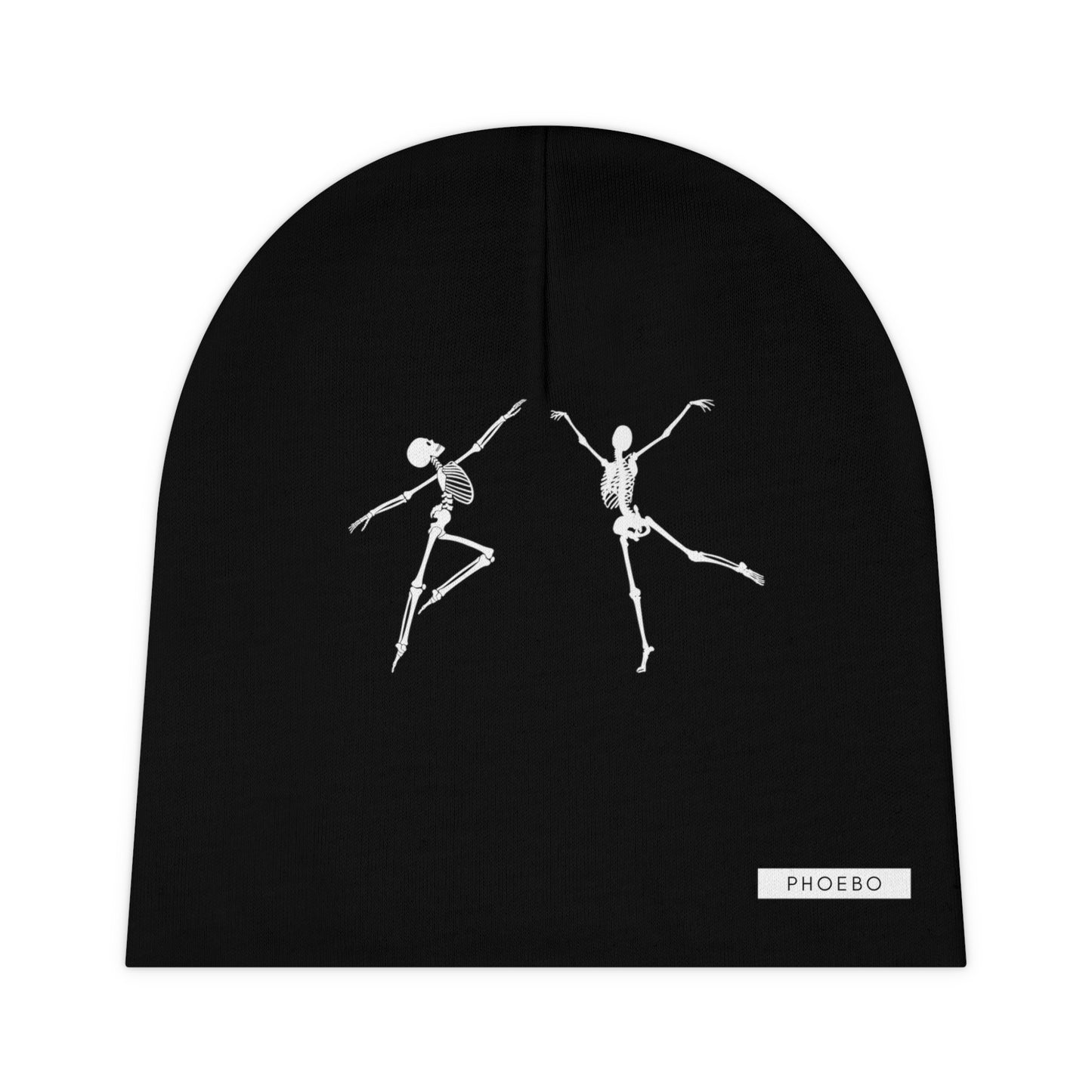 
                  
                    Front view of black baby beanie with white skeleton dancers graphic and brand label
                  
                