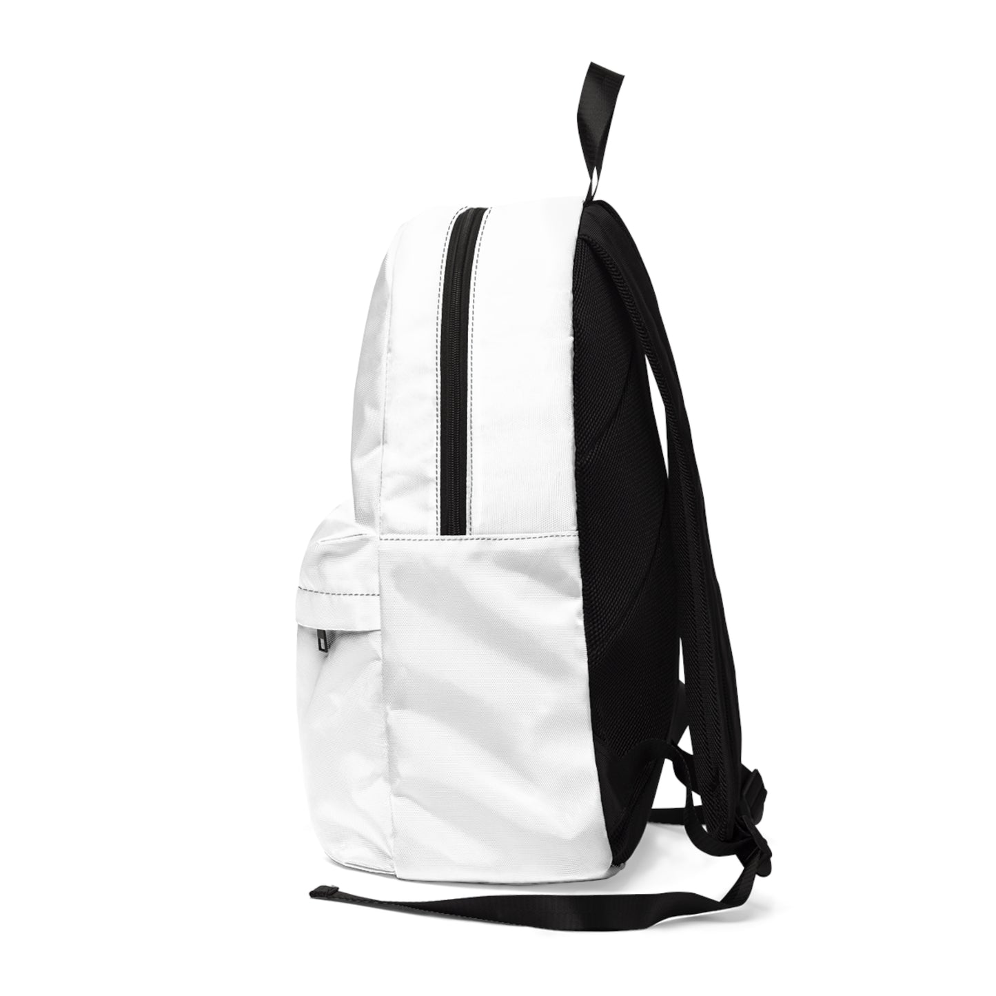 
                  
                    White classic backpack side view with black strap loops and black-trim zipper pocket.
                  
                