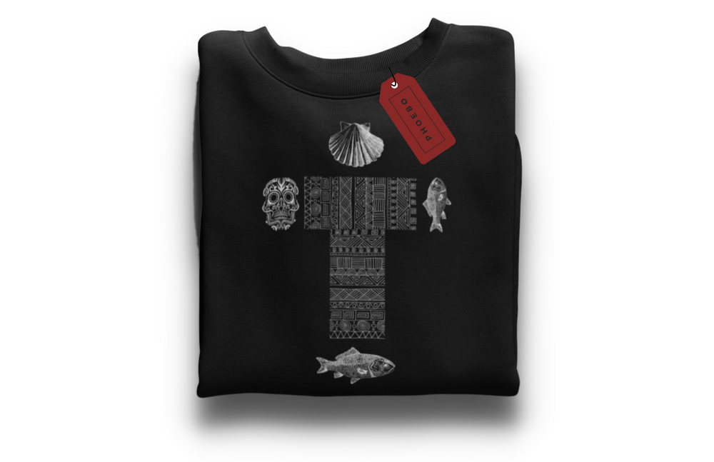 Phoebo Cross Unisex Sweatshirt | Cross, skull, fish, and shell print