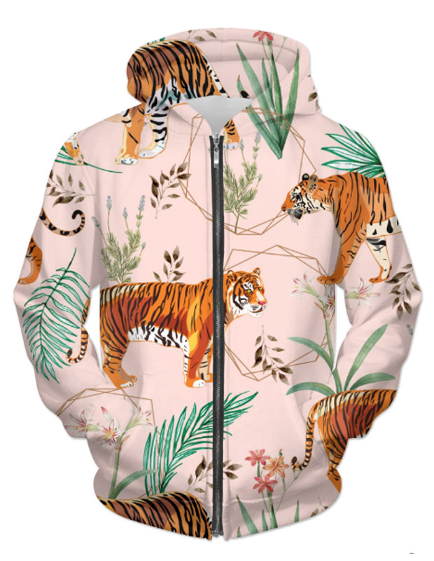 UNISEX ZIP HOODIE With Tigers | Tropical Print