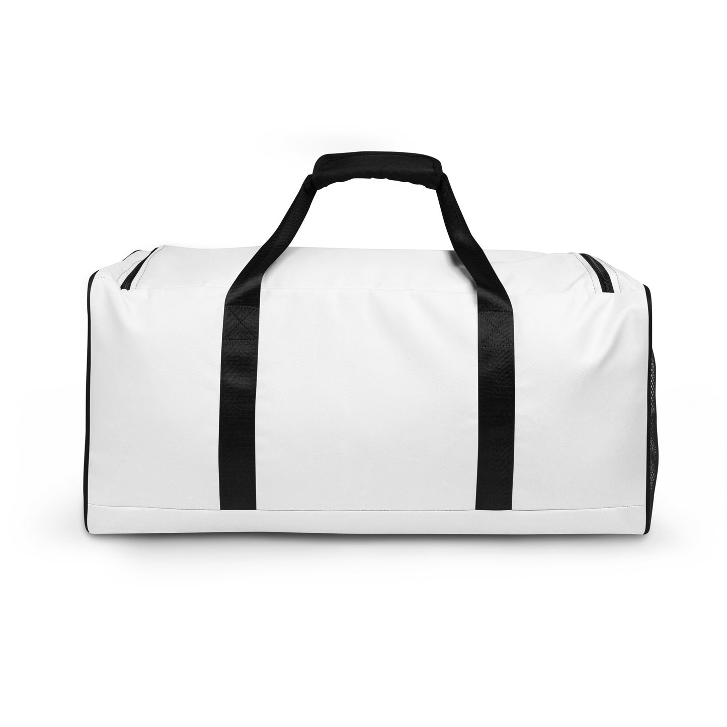 
                  
                    White Duffle Bag with Trendy Black Print | Stylish Travel Essential
                  
                