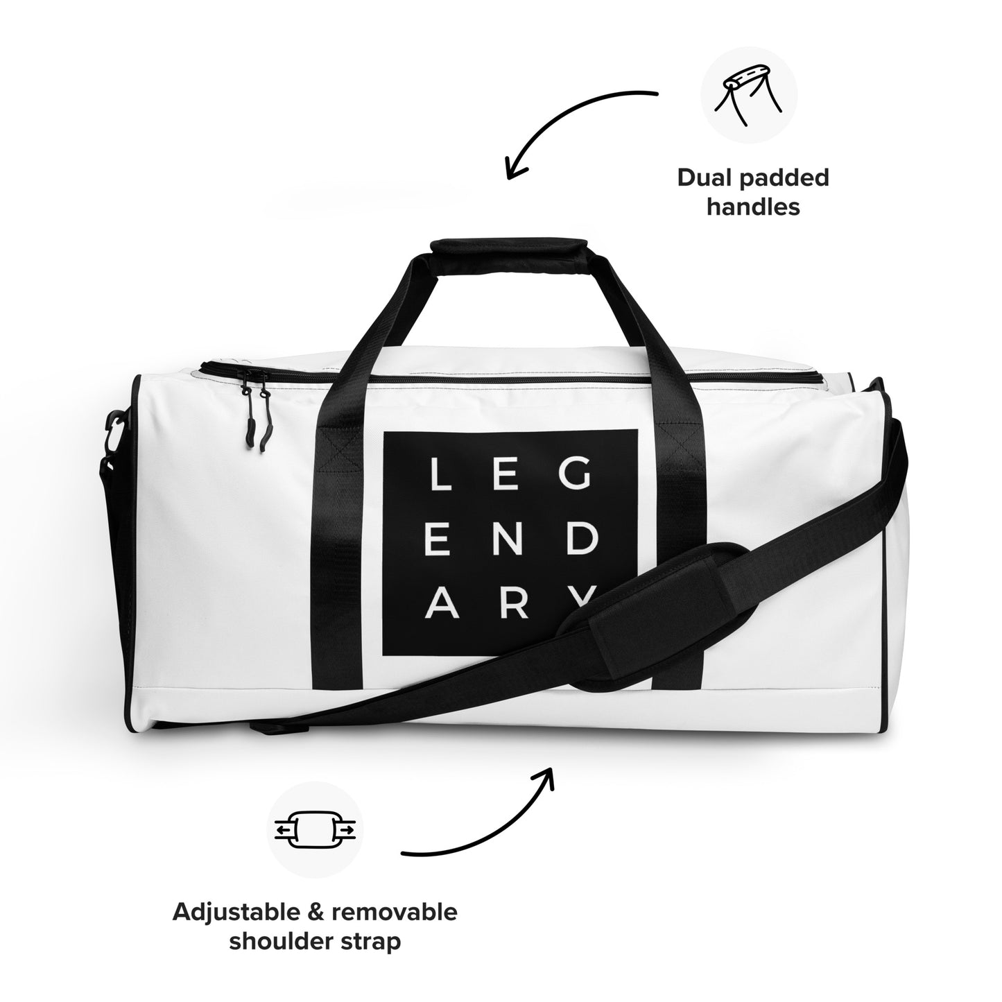 
                  
                    White Duffle Bag with Trendy Black Print | Stylish Travel Essential
                  
                