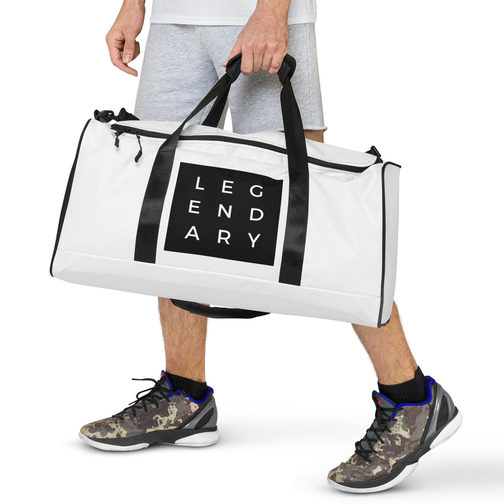 
                  
                    White Duffle Bag with Trendy Black Print | Stylish Travel Essential
                  
                