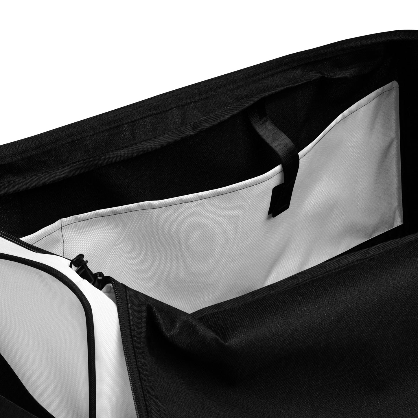 
                  
                    White Duffle Bag with Trendy Black Print | Stylish Travel Essential
                  
                