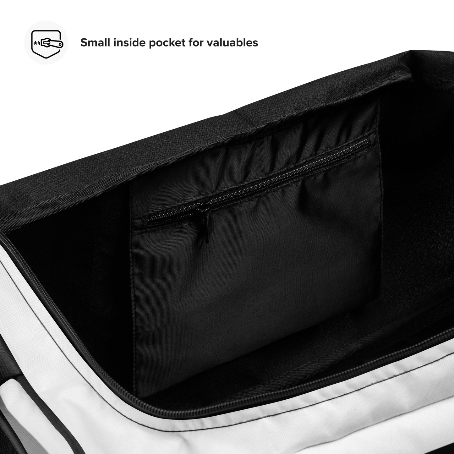 
                  
                    White Duffle Bag with Trendy Black Print | Stylish Travel Essential
                  
                