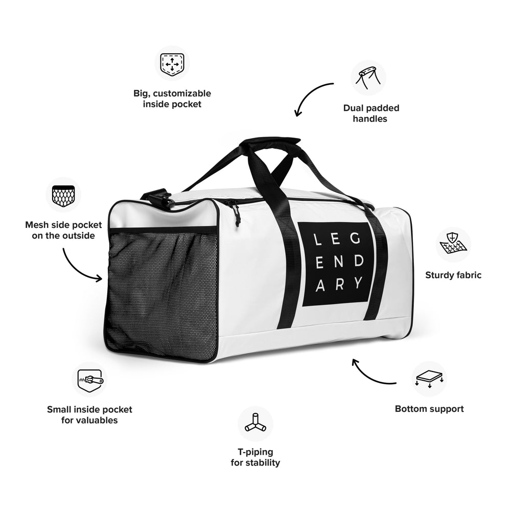 
                  
                    White Duffle Bag with Trendy Black Print | Stylish Travel Essential
                  
                