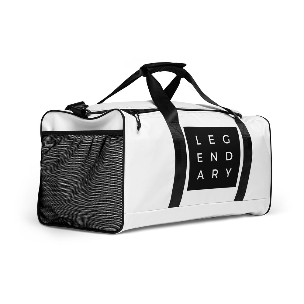 
                  
                    White Duffle Bag with Trendy Black Print | Stylish Travel Essential
                  
                