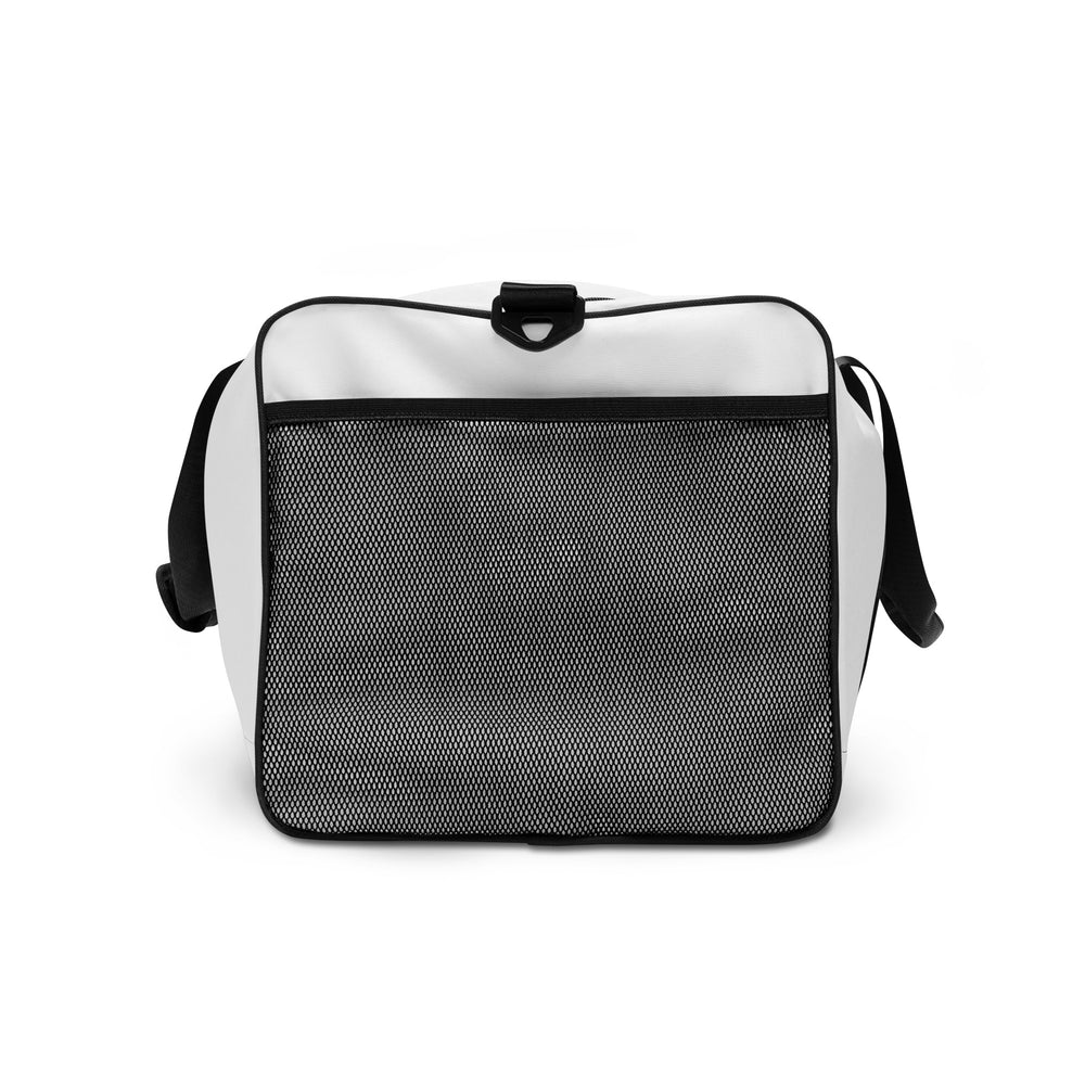 
                  
                    White Duffle Bag with Trendy Black Print | Stylish Travel Essential
                  
                