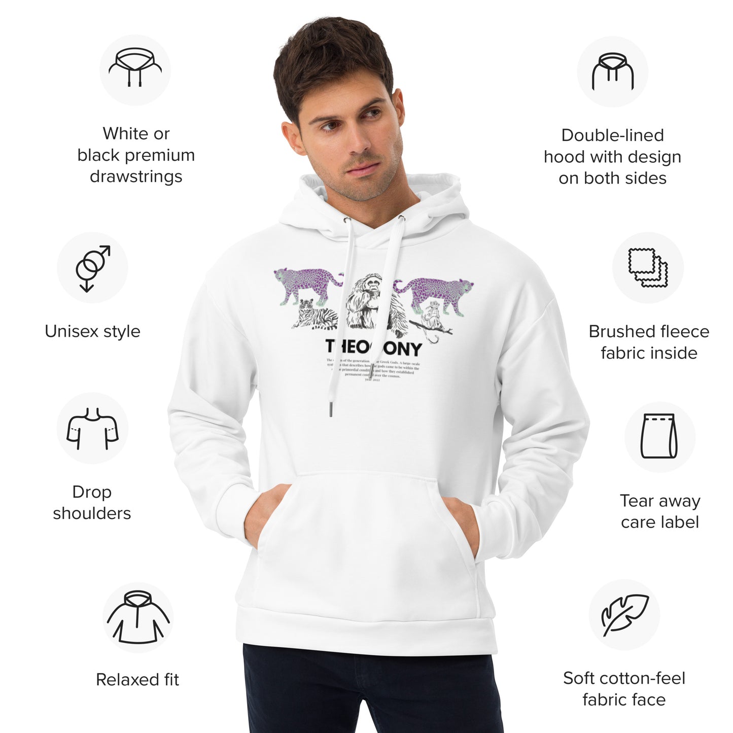 
                  
                    Theogony Classic Unisex White Hoodie | Jungle Animals Print
                  
                