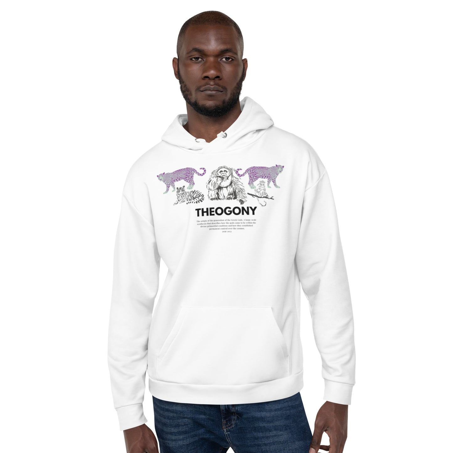 
                  
                    Theogony Classic Unisex White Hoodie | Jungle Animals Print
                  
                
