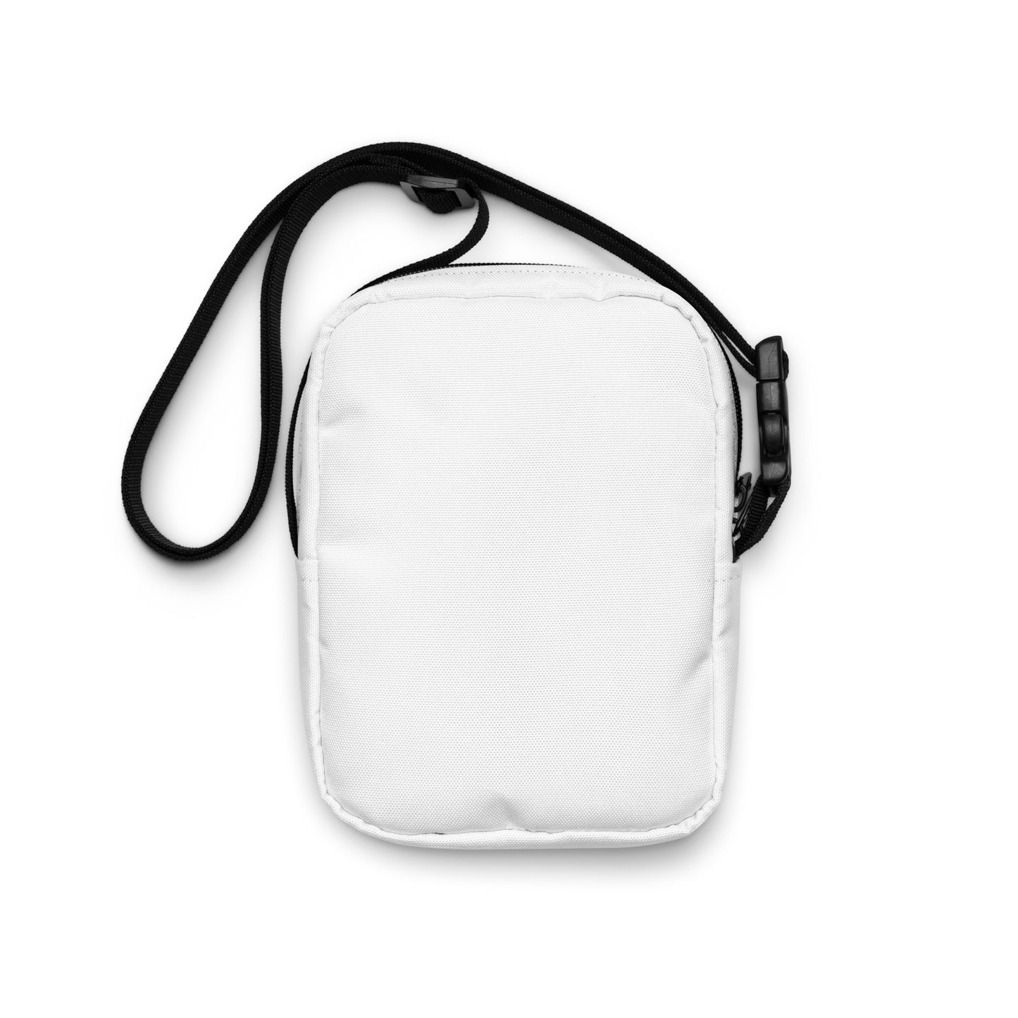 
                  
                    White utility crossbody bag with black strap and front logo patch, zip top
                  
                