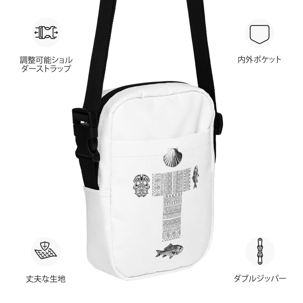 
                  
                    White Utility Crossbody Bag | Sleek Design with Black Print Detailing
                  
                