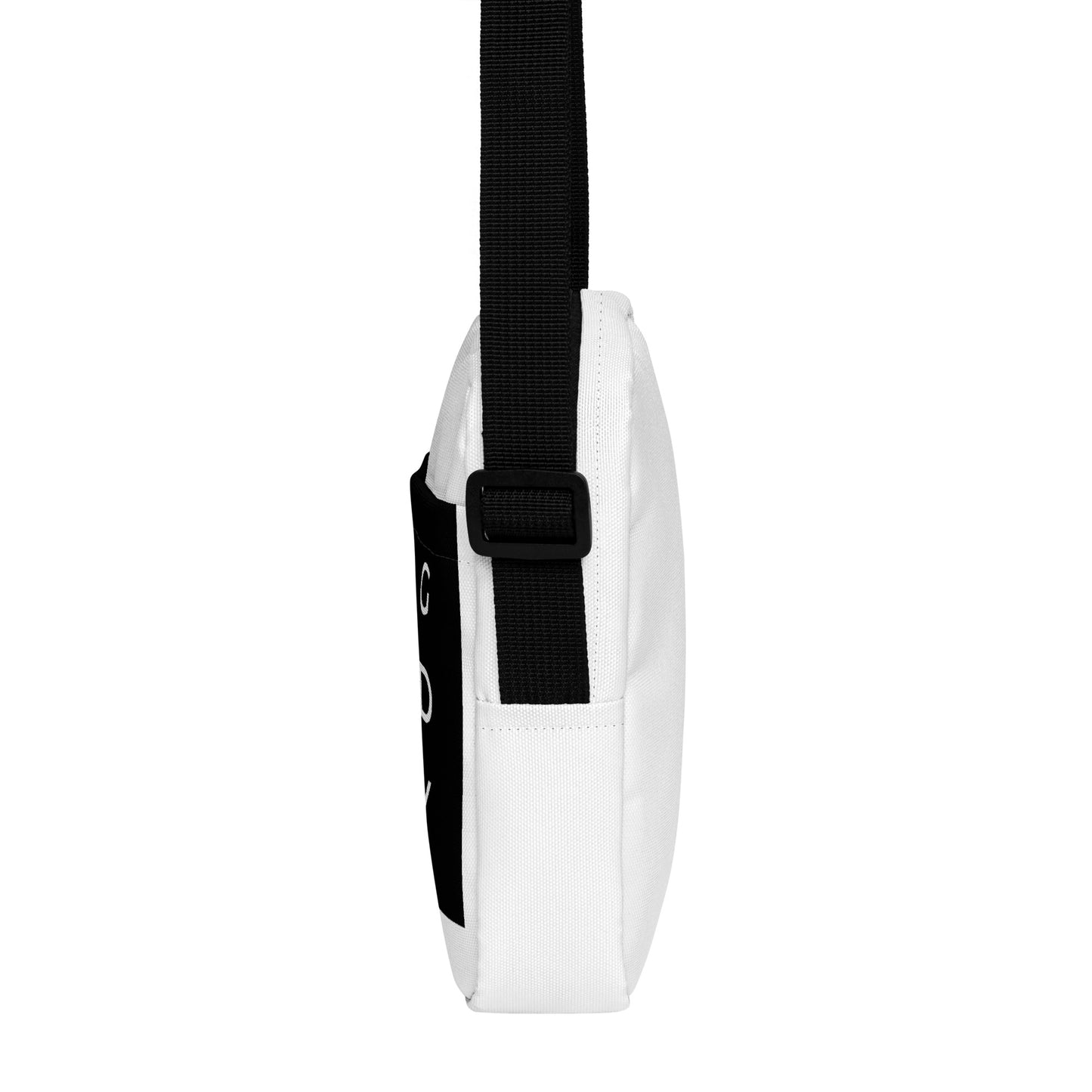 
                  
                    White crossbody bag side view with black webbing strap and zip top
                  
                