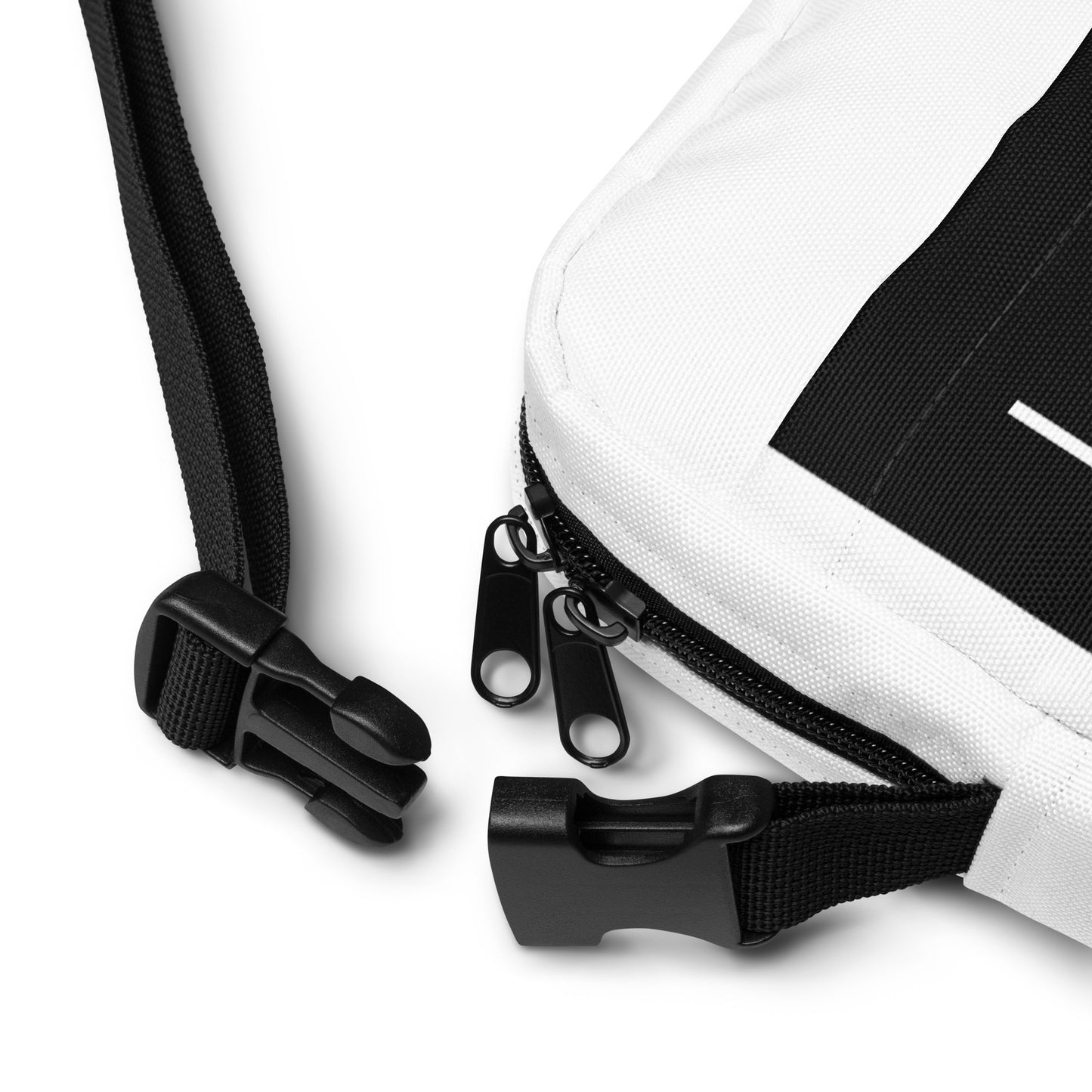 
                  
                    White utility crossbody bag strap with black buckle clips and zipper closure detail
                  
                