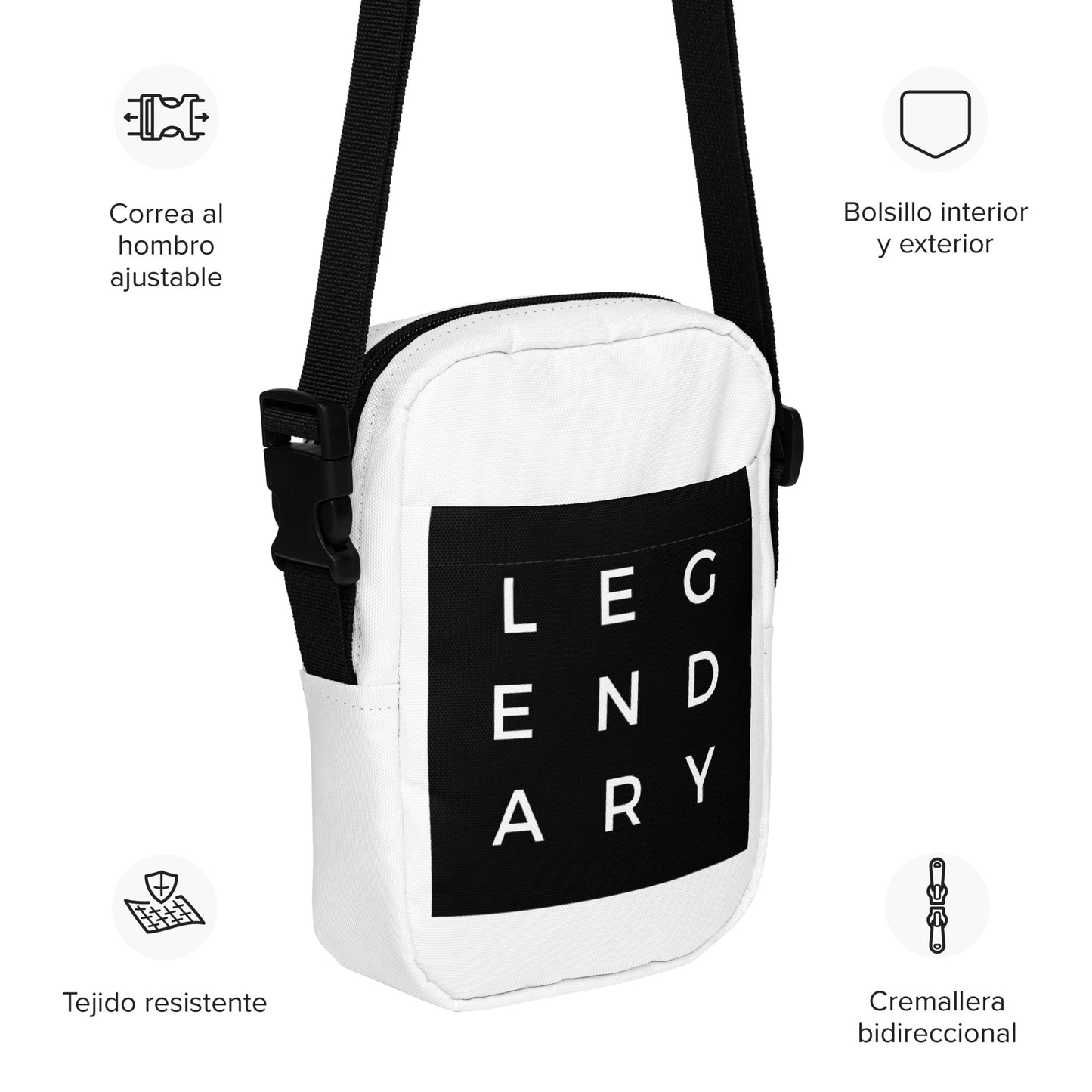 
                  
                    White crossbody bag with black logo patch, adjustable black strap, bidirectional zip
                  
                