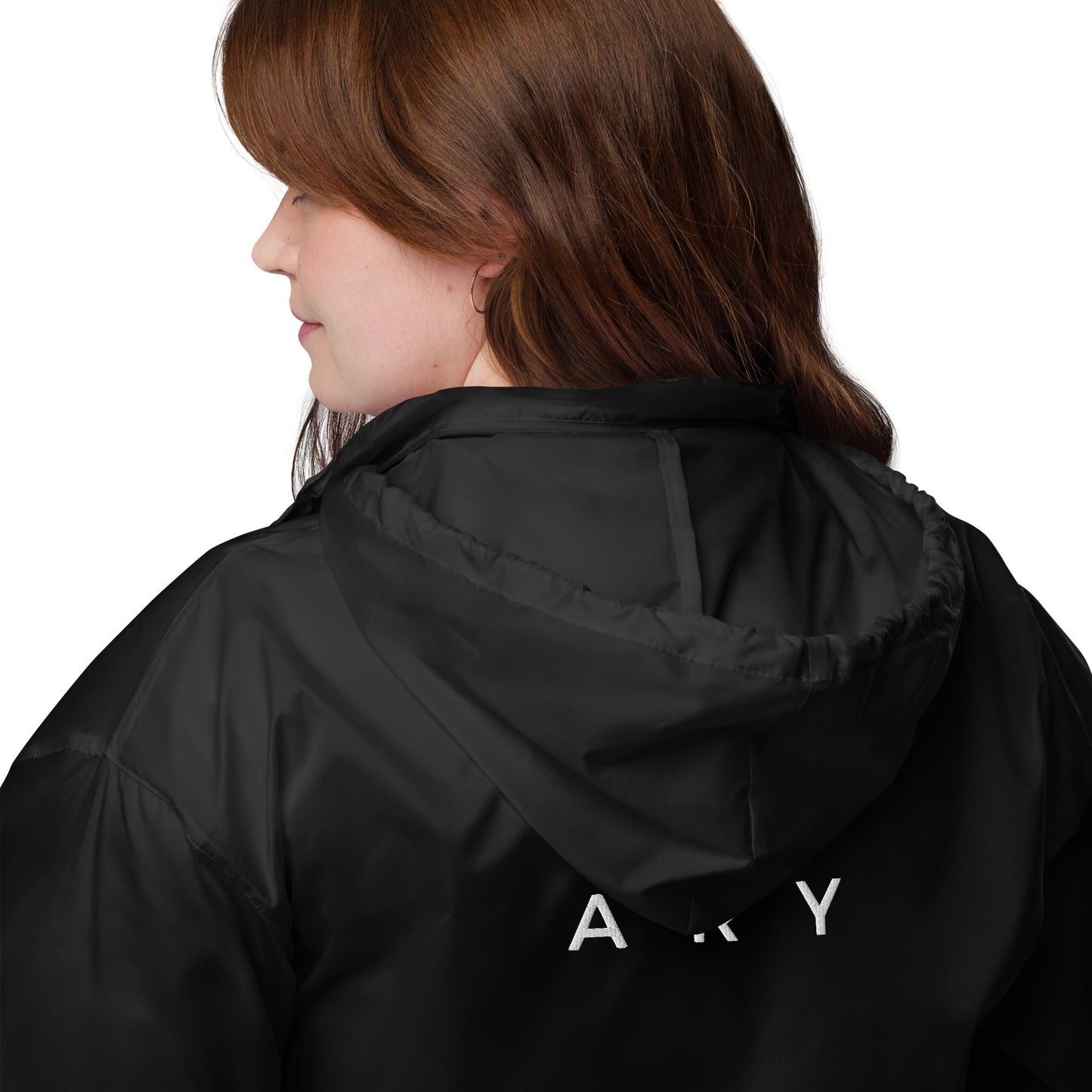 
                  
                    Black windbreaker hood back with partial text print and stitched hood shape
                  
                