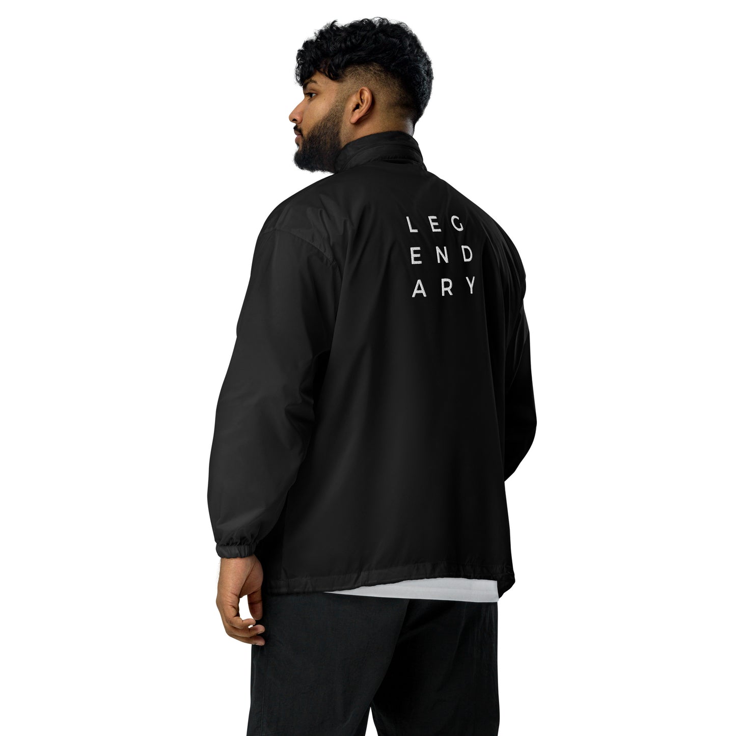 
                  
                    Black unisex windbreaker back with hood and centered LE...END...ARY text print
                  
                