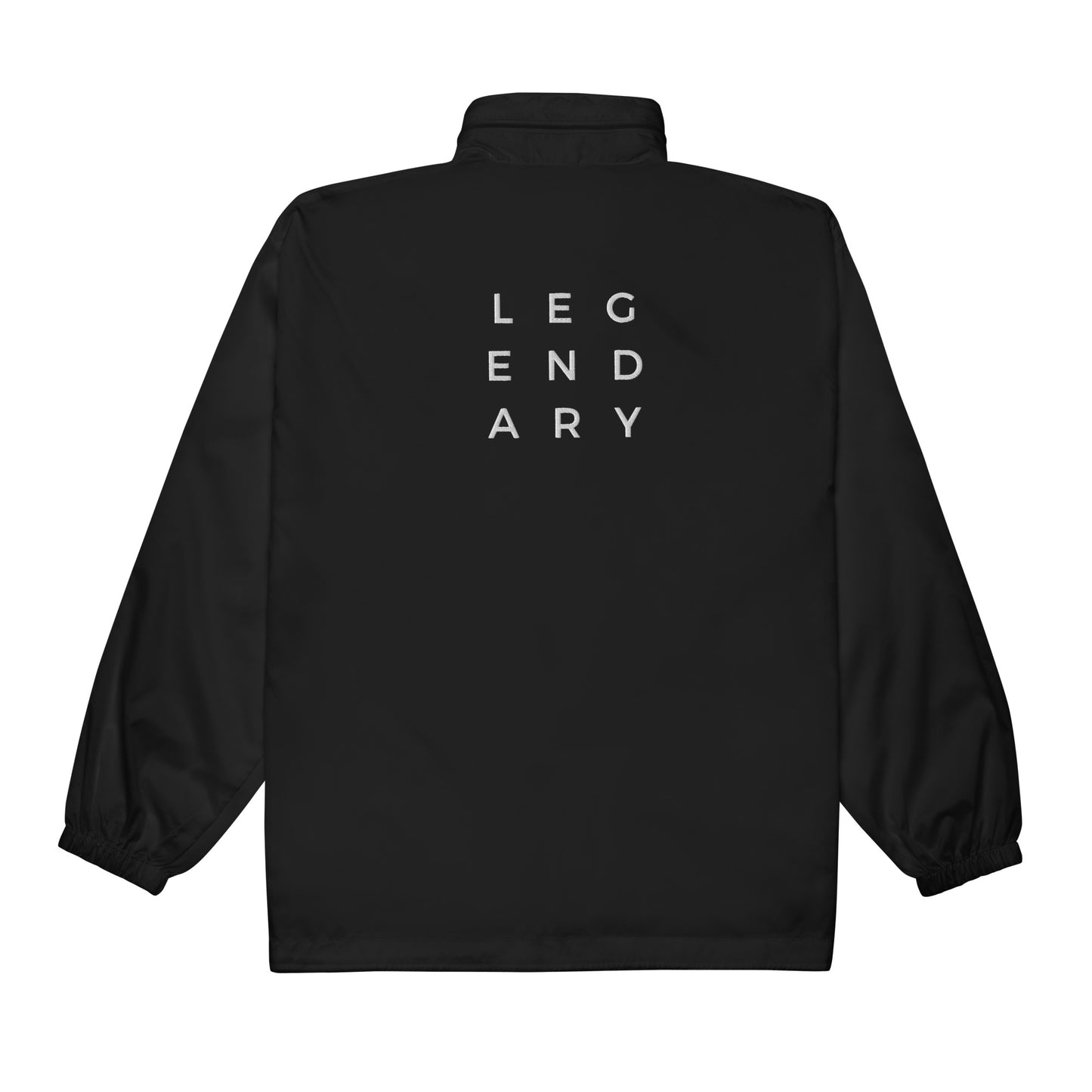 
                  
                    Black unisex windbreaker jacket with hood and large back text print
                  
                