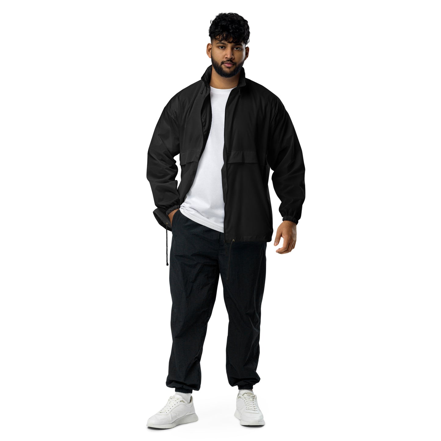 
                  
                    Black unisex windbreaker jacket, stand collar hood, full zipper
                  
                