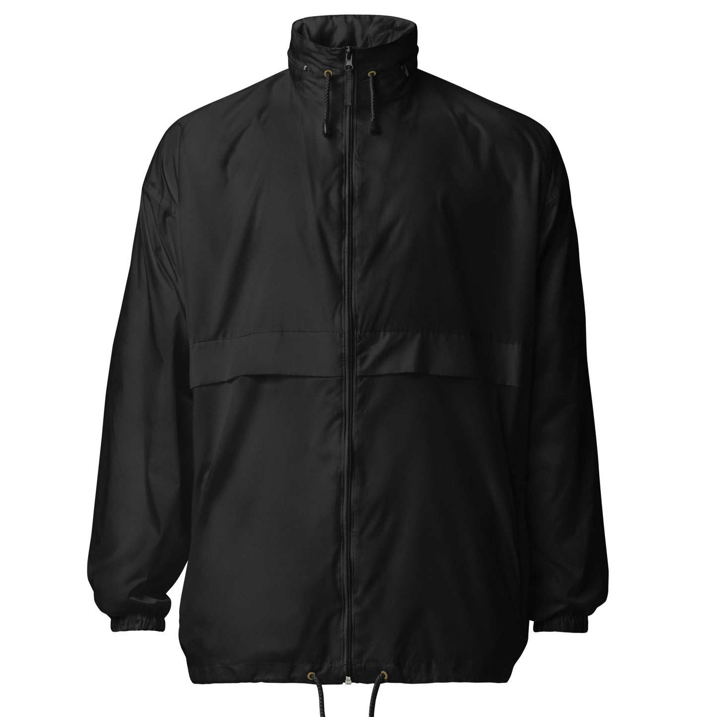 
                  
                    Black windbreaker jacket front view with drawstring hood and ribbed cuffs
                  
                