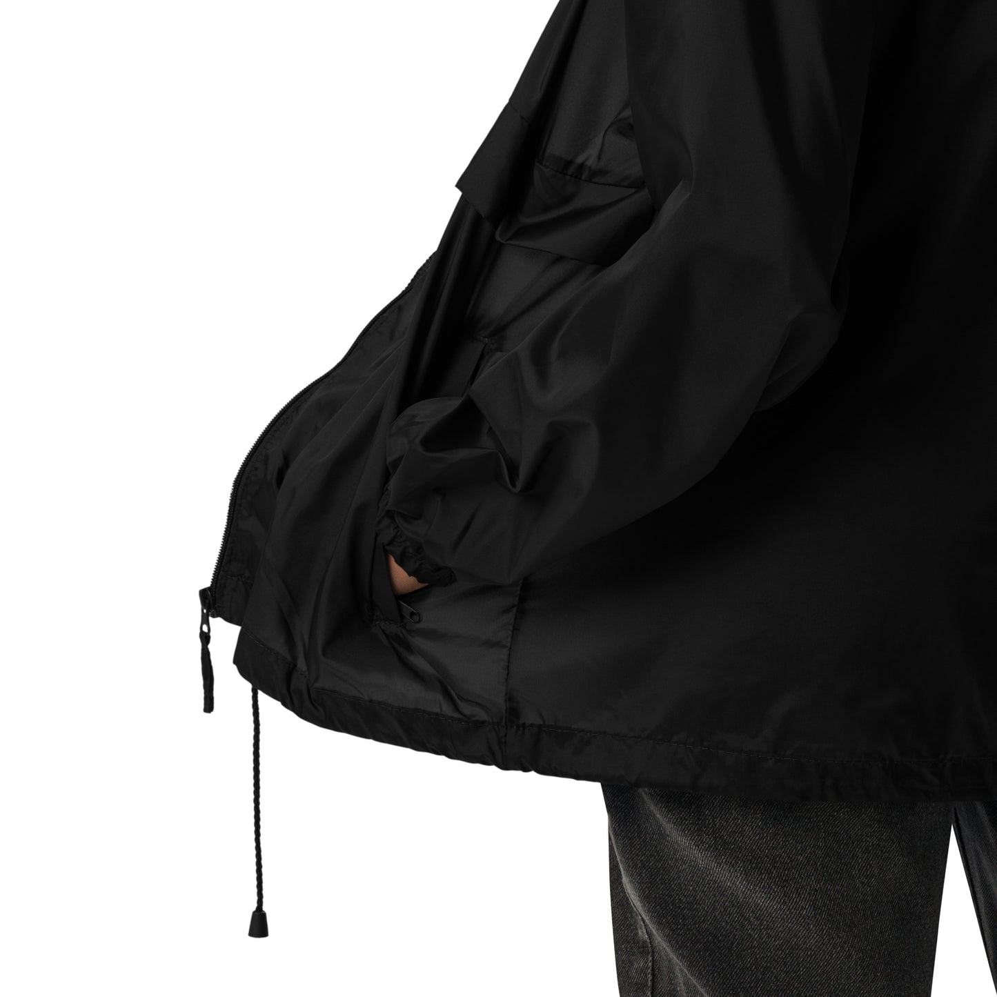 
                  
                    Black windbreaker sleeve detail with elastic cuff and drawcord hem
                  
                