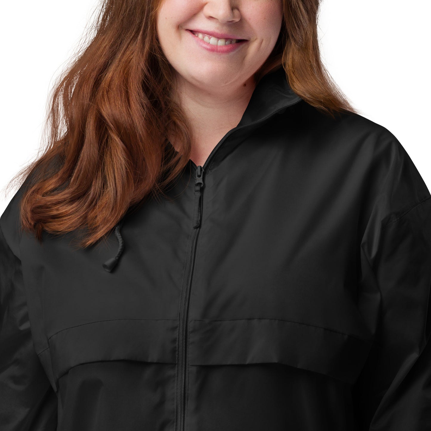 
                  
                    Black unisex windbreaker front with zip closure and stitched chest seam
                  
                