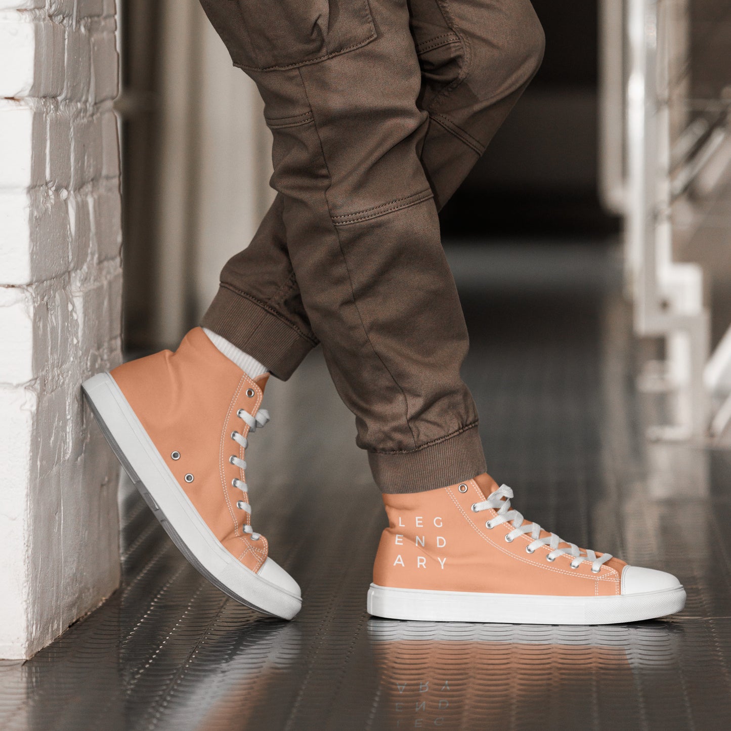 
                  
                    Trendy Peach Men’s High Top Canvas Shoes | with LEGENDARY Print
                  
                