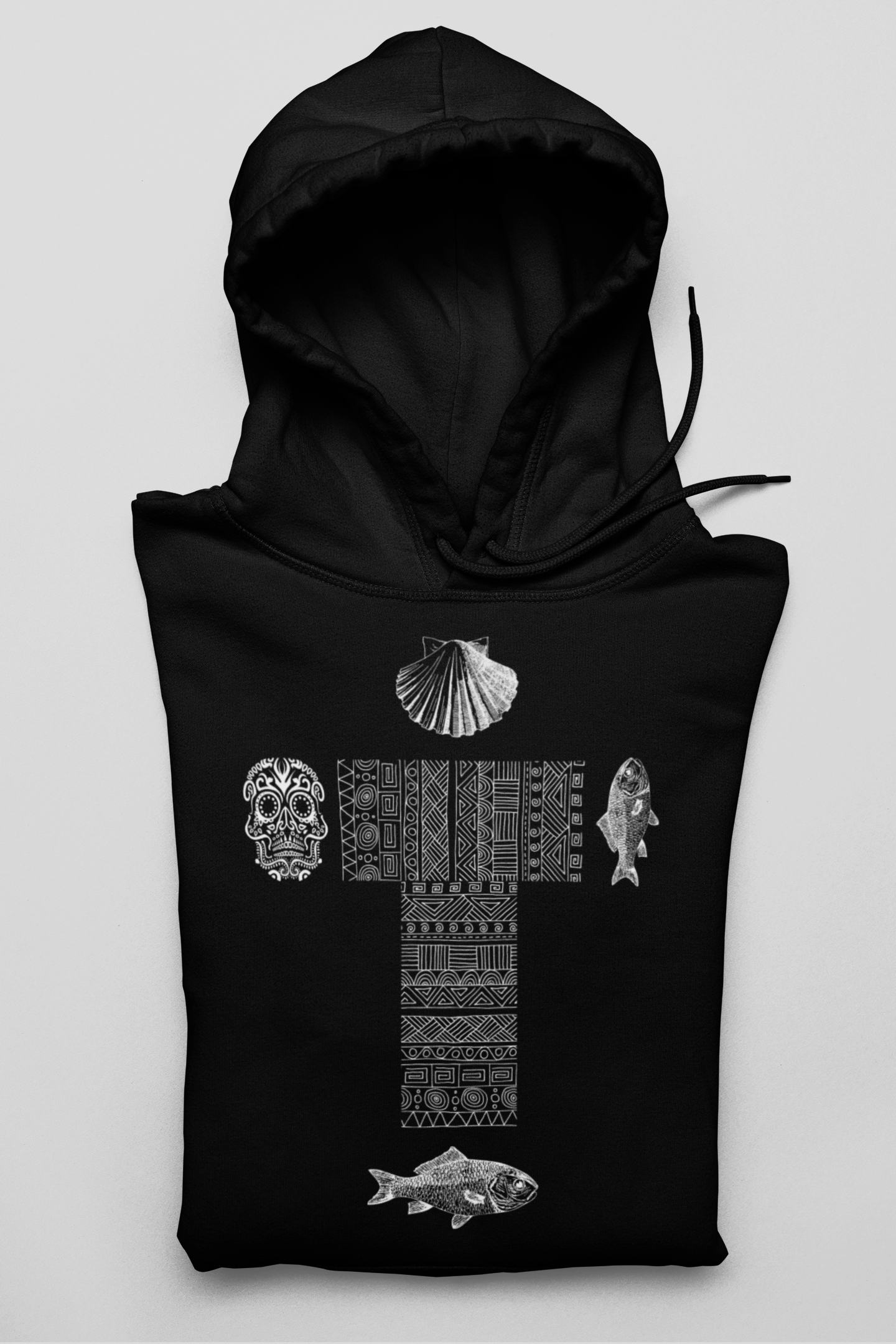 
                  
                    Black unisex raglan hoodie flat lay with hood and front skull fish shell graphic
                  
                