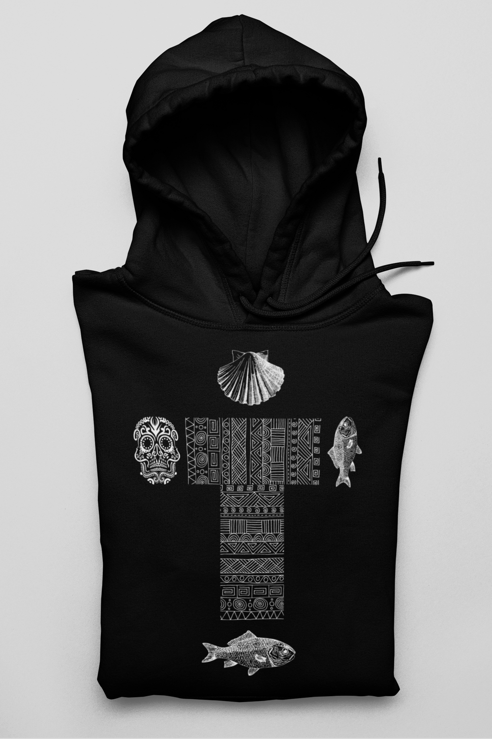 Phoebo Cross eco hoodie | Cross, skull, fish, and shell print