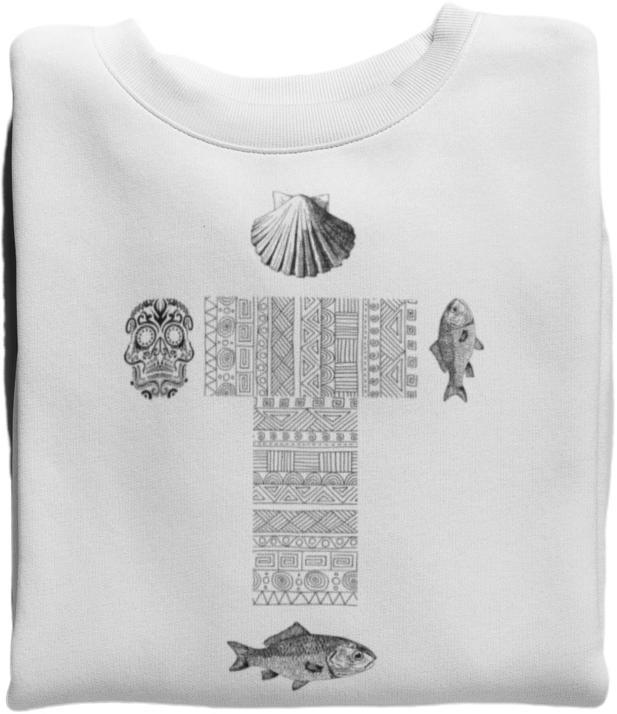 
                  
                    White Unisex Long Sleeve Tee | Cross, skull, fish, and shell print
                  
                