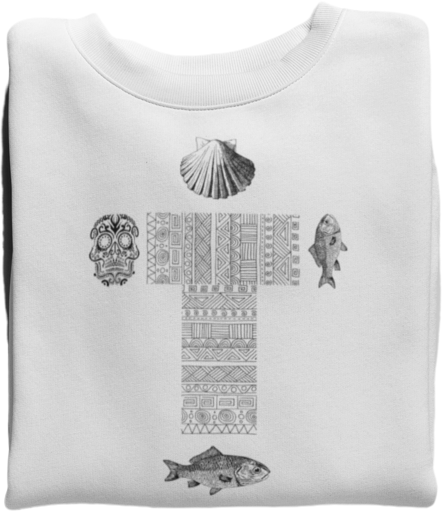 
                  
                    White Unisex Long Sleeve Tee | Cross, skull, fish, and shell print
                  
                