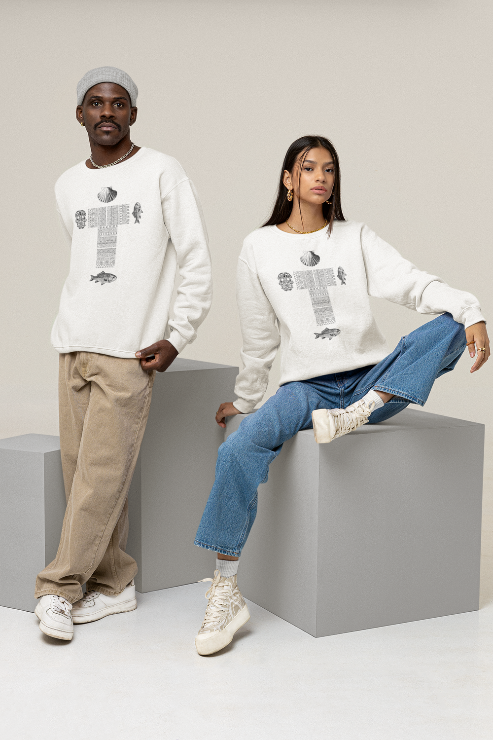 Phoebo White Unisex Sweatshirt | Cross, skull, fish, and shell print