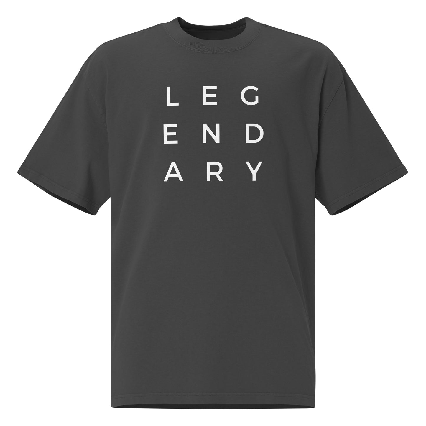 
                  
                    Black T-shirt with centered stacked "LEGENDARY" lettering across the chest.
                  
                