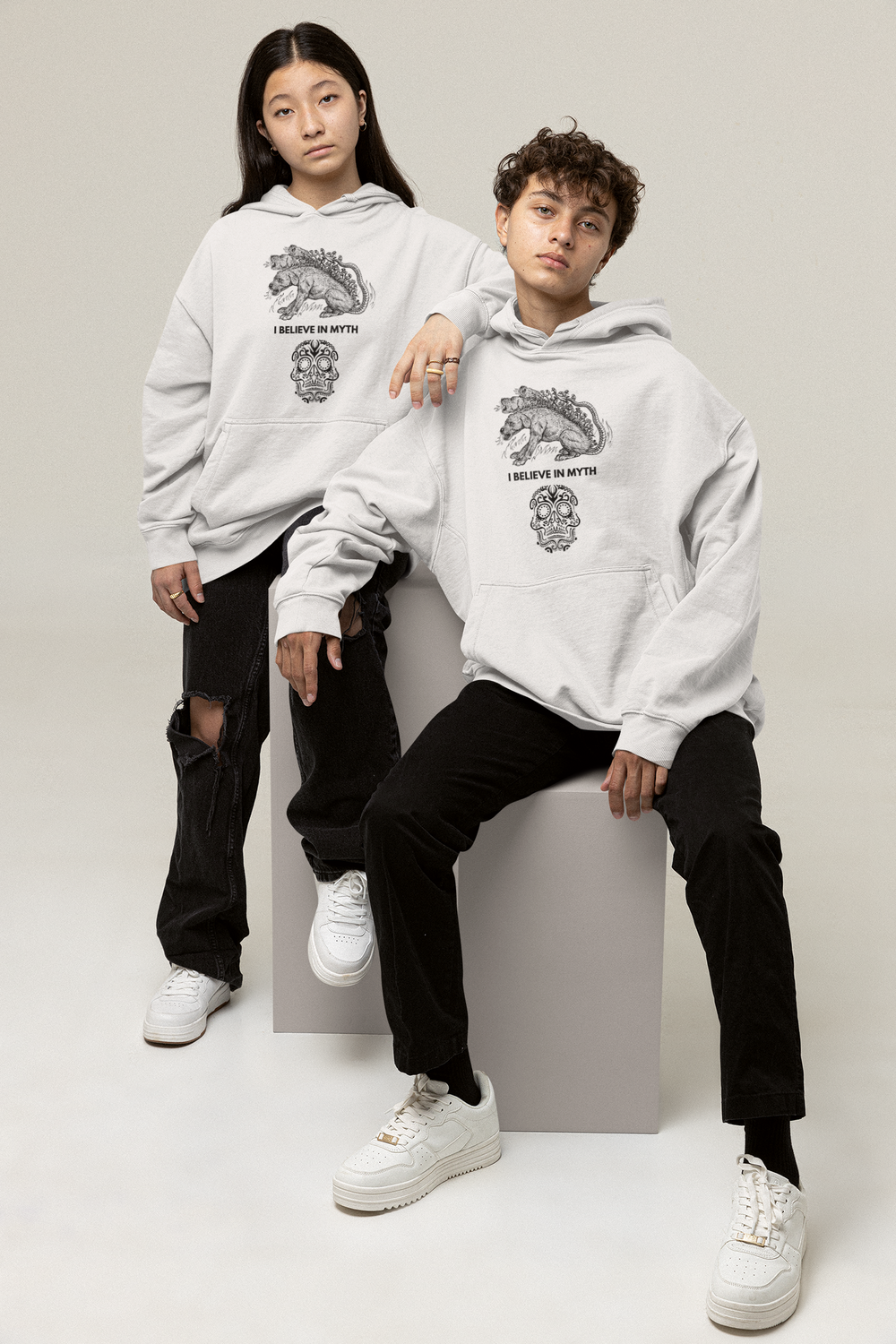 Believe In Myth White Hoodie | Hoodie with Ancient Greek Mythology Quote