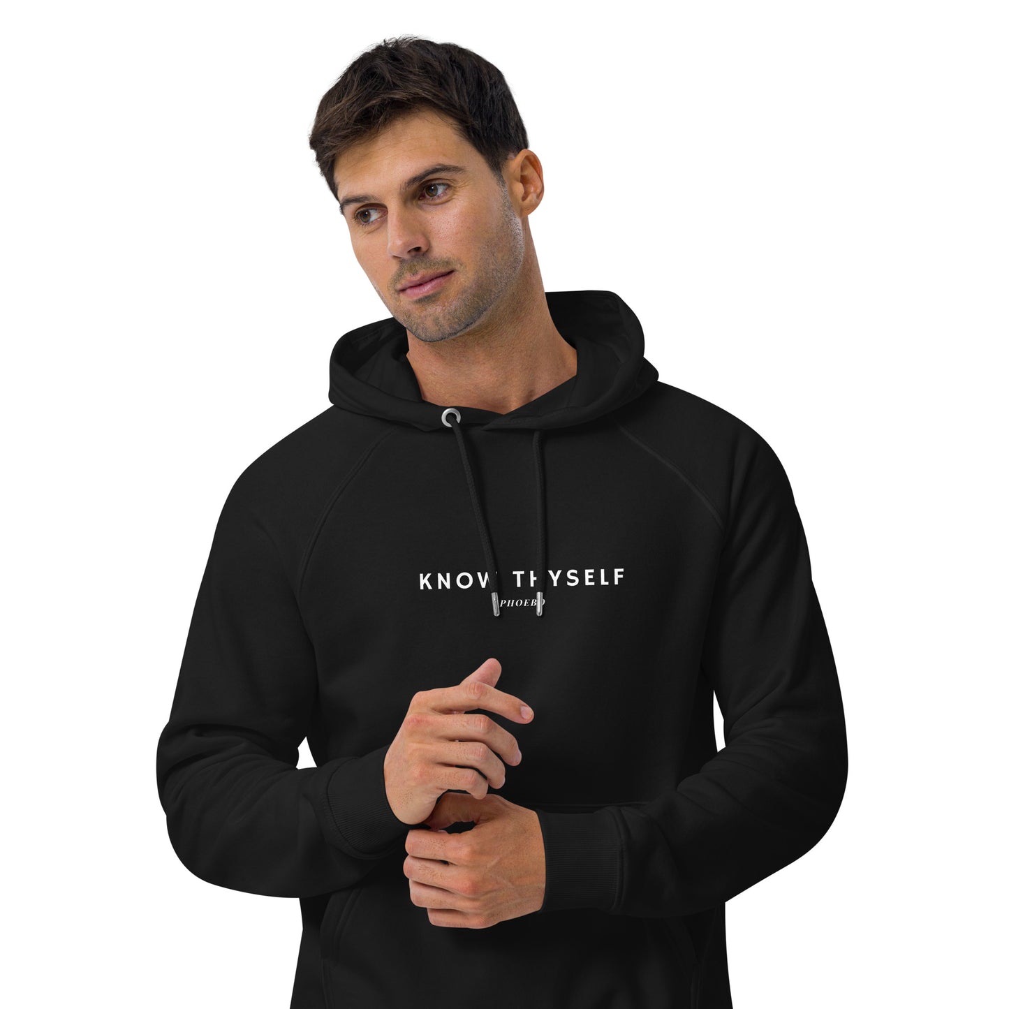 
                  
                    Unisex Black Hoodie | KNOW THYSELF Inspirational Print for Versatile Looks
                  
                