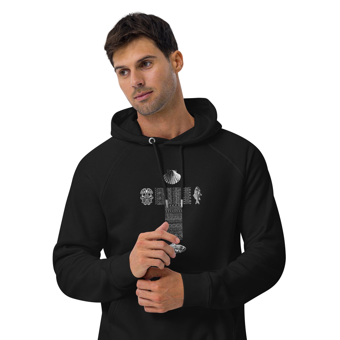 
                  
                    Black unisex raglan hoodie with hood and large front skull fish shell graphic
                  
                