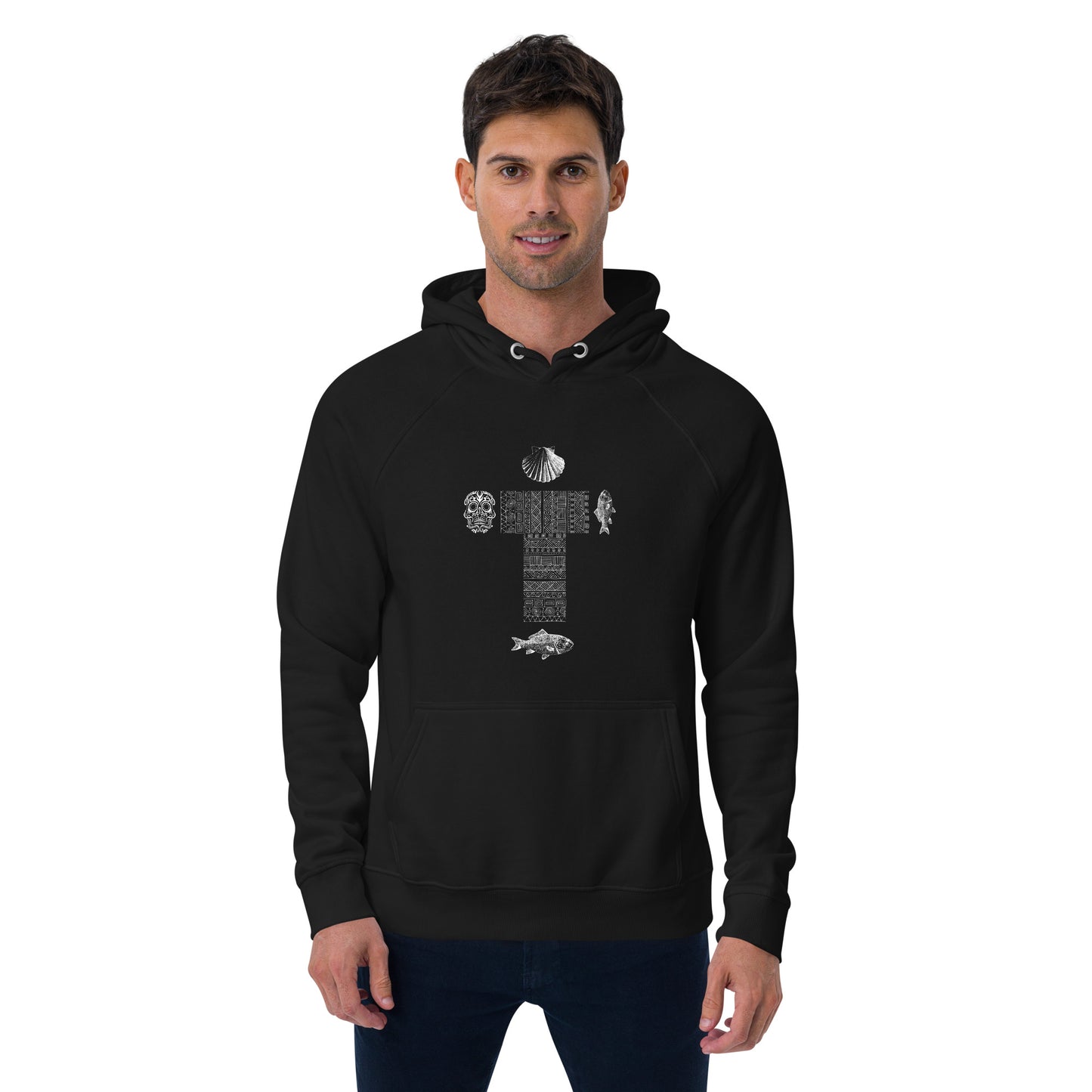 
                  
                    Black unisex raglan hoodie with hood, front pocket, and skull fish shell graphic
                  
                